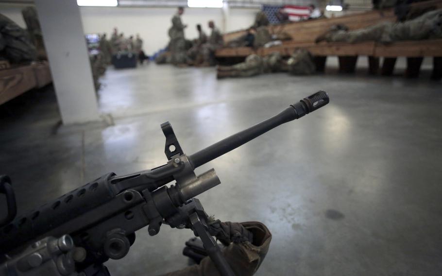 A U.S. Army soldier’s weapon is shown, Jan. 4, 2020, at Fort Bragg, North Carolina. 