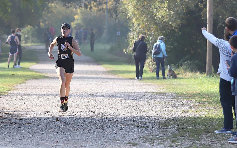 Vicenza’s Logan Wojciechowicz sprints to the finish line of the DODEA South cross country championships Saturday, Oct. 23, 2021 at Lago di Fimon, Italy. Wojciechowicz finished in second place.