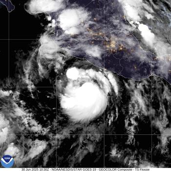 A satellite image shows spinning clouds.