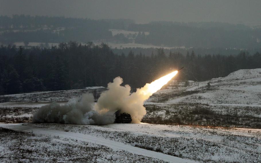 U.S. soldiers assigned to 142nd Field Artillery Brigade conduct artillery strike missions during Combined Resolve XV at the Grafenwoehr Training Area, Germany, Feb. 9, 2021. 