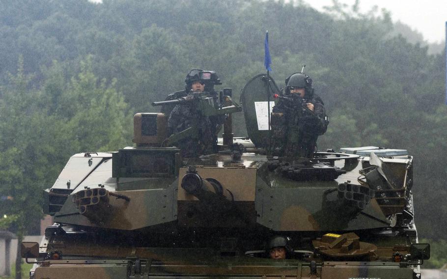 South Korean troops practice their street-fighting skills about eight miles from the Demilitarized Zone, Wednesday, Aug. 23, 2023. 