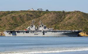 The amphibious assault ship USS Boxer returns to San Diego after sea trials on Aug. 22, 2023. 