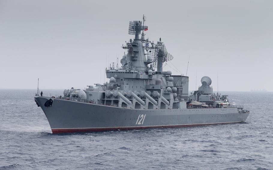 In this photo  provided by the Russian Defense Ministry Press Service, Russian missile cruiser Moskva is on patrol in the Mediterranean Sea near the Syrian coast on Dec. 17, 2015.