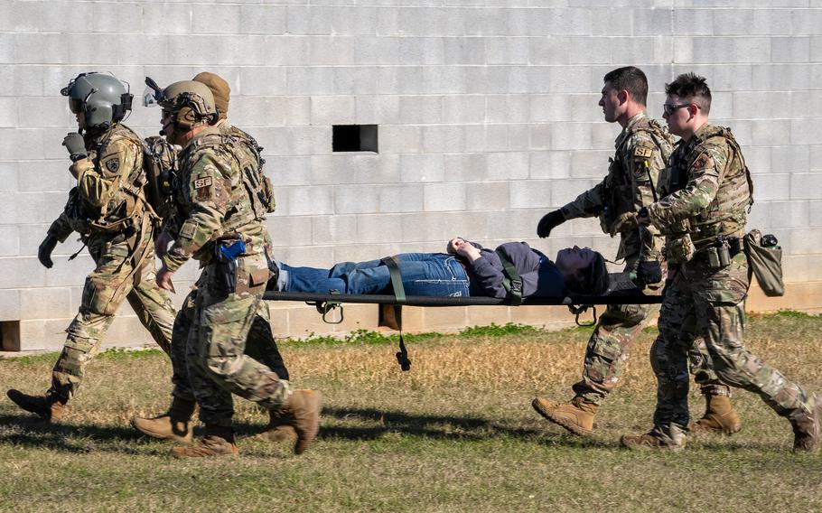 Air National Guard Security Forces members participate in a mass casualty event at PATRIOT 24 exercise at Combined Arms Collective Training Facility, Camp Shelby, Miss., Monday, Feb. 19, 2024.