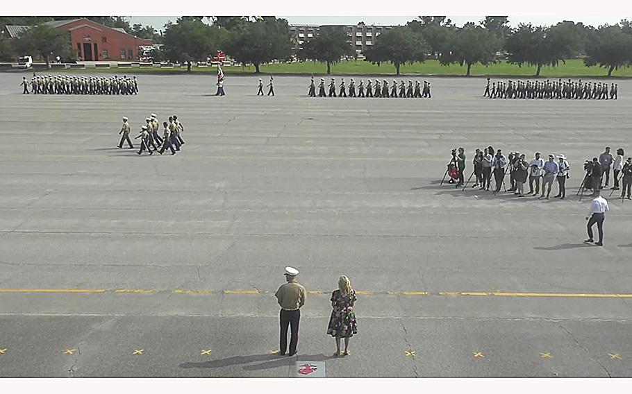 A video screen grab shows First Lady Jill Biden watching a graduation ceremony at Marine Corps Recruit Depot Parris Island in South Carolina on Friday, June 30, 2023.