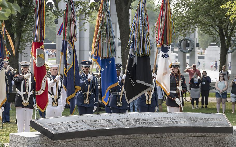 sample remembrance day speech The Armed Forces Color Guard stands during the playing of the national anthem at the National World War II Memorial in Washington, D.C., on the 79th anniversary of the start of the D-Day invasion, Tuesday, June 6, 2023. In the foreground is the new FDR prayer plaque.