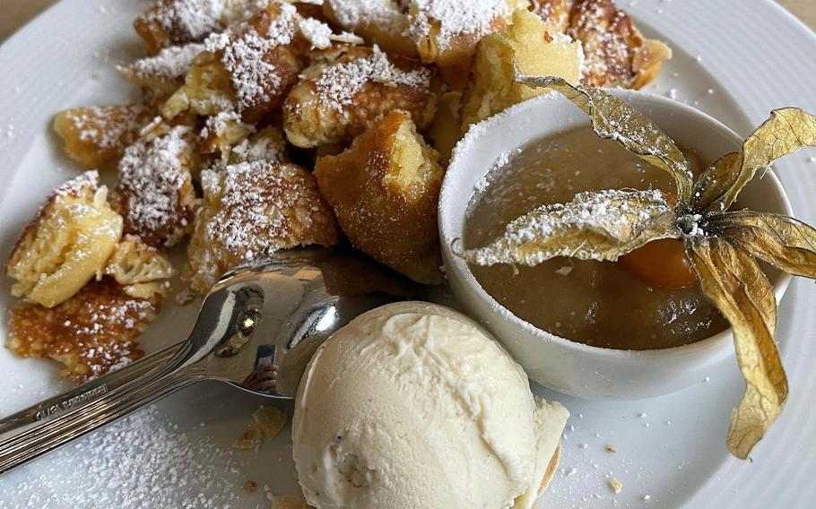 Kaiserschmarrn at Erdinger am Gendarmenmarkt in Berlin. The Austrian dessert favorite is cut-up caramelized pancake with apple sauce and vanilla ice cream. 