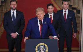 President Donald Trump speaks from the East Room of the White House in Washington, Saturday, June 21, 2025, after the U.S. military struck three Iranian nuclear and military sites, directly joining Israel's effort to decapitate the country's nuclear program, as Vice President JD Vance, Secretary of State Marco Rubio and Defense Secretary Pete Hegseth listen. (Carlos Barria/Pool via AP)