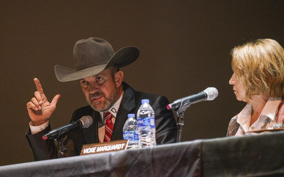 Otero County Commissioner Couy Griffin speaks during a presentation led by David and Erin Clements on election vulnerabilities in Alamogordo. Griffin was removed from office this week by a state judge.