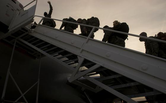 Idaho National Guard soldiers leave for a 12-month deployment to the Middle East in 2021. Because of faulty data, reserve component members were overpaid millions of dollars in disability benefits, according to a Rand Corp. report released July 25, 2023.