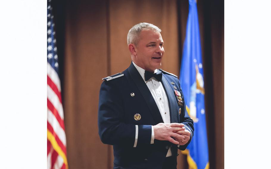 Col. Christopher Meeker, 88th Air Base Wing and installation commander, attends an event at the Wright-Patt Club at Wright-Patterson Air Force Base, on Feb. 9, 2023. Meeker was removed from his position on Friday, Dec. 29, according to a base statement.