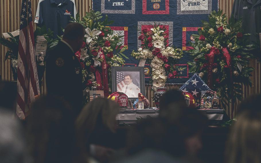 Capt. Julian Greaves Wilson Jr. died of covid-19 in January. His work as a paramedic is evident in tributes at a funeral home in Somerville, Tenn.