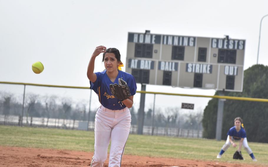 Sigonella pitcher Angeliah Barraza-Hernandez tosses the ball toward the plate on Saturday, March 18, 2023, during a game agains the Aviano Saints.