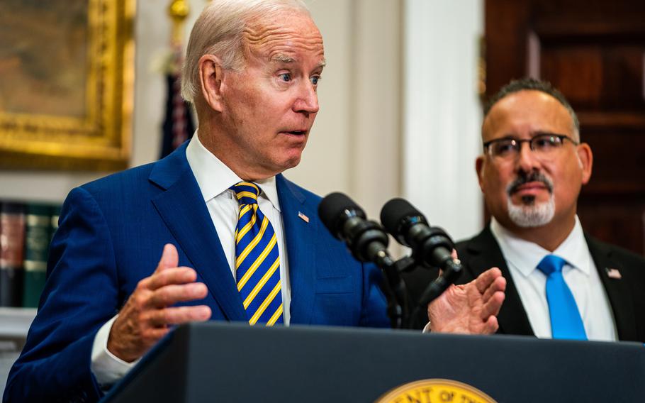 President Biden delivers remarks on student loan debt forgiveness alongside Education Secretary Miguel Cardona at the White House on Aug. 24, 2022, in Washington, D.C. MUST CREDIT: Washington Post photo by Demetrius Freeman