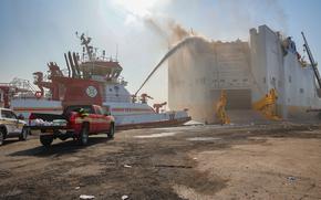 The Coast Guard, Port Authority of New York and New Jersey, Newark Fire Department, and multiple state and area agencies respond to a fire in Port Newark on the vehicle carrier ship, Grande Costa D’Avorio. 