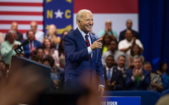 President Biden, speaking in Wilmington, N.C., on Thursday, is scheduled to award the Presidential Medal of Freedom to 19 honorees on Friday at the White House. MUST CREDIT: Madeline Gray for The Washington Post