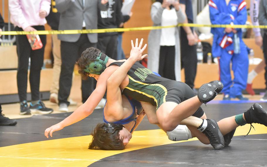 Alconbury’s Edison Vega pinned Ramstein’s Cole Santos in a 113-pound semifinal Saturday, Feb. 10, 2024, at the DODEA European Wrestling Championships in Wiesbaden, Germany.