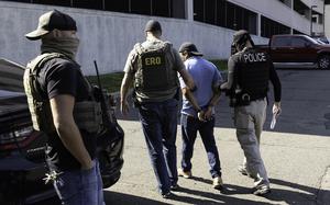 Agents from Immigration and Customs Enforcement detain an immigrant after a court hearing at the Connecticut Superior Court on Thursday, July 3, 2025, in Stamford, Connecticut. (John Moore/Getty Images/TNS)