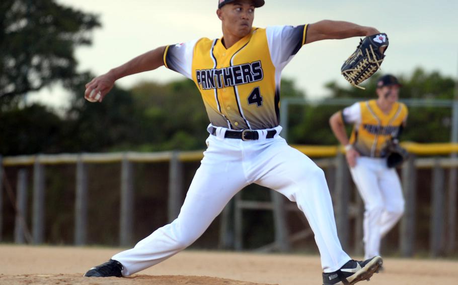 Kadena's Will Richardson kicks and delivers against Kubasaki during Monday's Okinawa baseball game. The Panthers won 9-8, then the Dragons beat Kadena 15-10 on Wednesday.