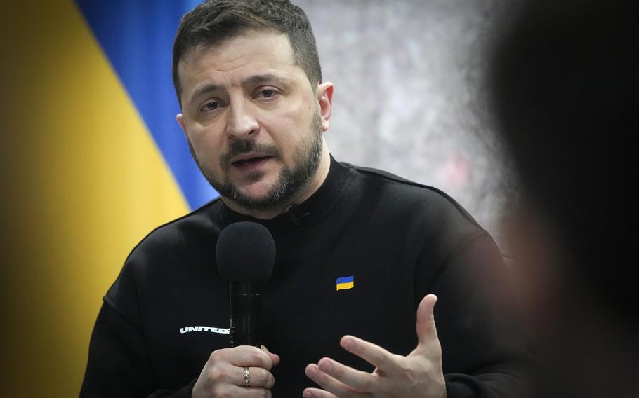 Ukrainian President Volodymyr Zelenskyy speaks during his press conference on the occasion of the one-year anniversary o Russia’s invasion of Ukraine, in Kyiv, Ukraine, Feb. 24, 2023. 
