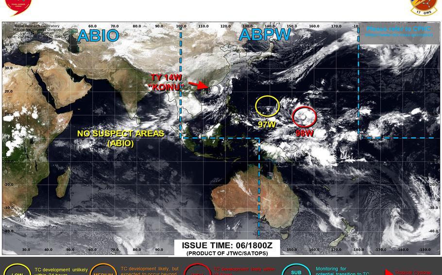 New tropical depression spawns southeast of Guam, could pass close to the island Tuesday evening as a Category 1-equivalent typhoon.