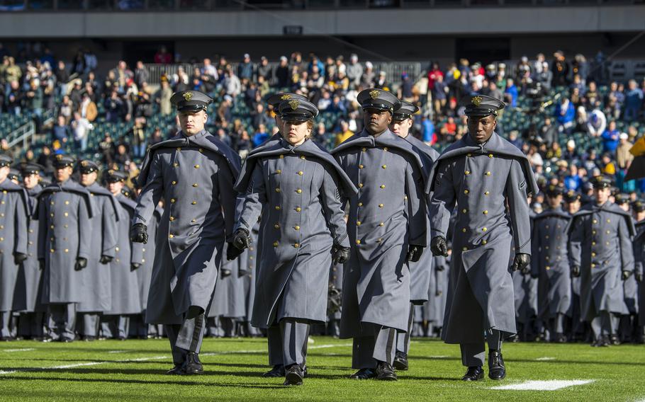 Army Academy cadets march onto Lincoln Financial Field  in Philadelphia during Army-Navy pre-game activities on Saturday, Dec. 10, 2022. Army beat Navy 20-17 in double overtime in the 123rd meeting of the two rivals.