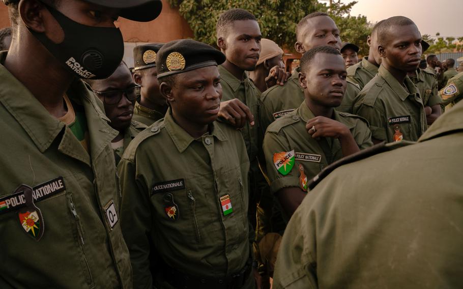 Members of the National Police of Niger near the military base in Niamey, where protesters gather, on Oct. 15, 2023.
