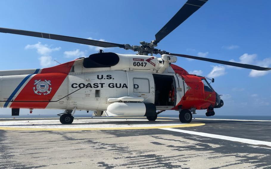 A Coast Guard Air Station New Orleans MH-60 Jayhawk helicopter sits on board an offshore platform July 1, 2023, near Port Fourchon, La. 