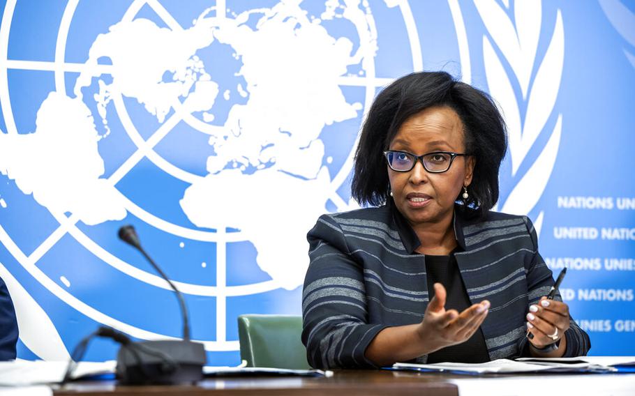 Kaari Betty Murungi, Chair of the International Commission of Human Rights Experts on Ethiopia, speaks during a briefing in Geneva, Switzerland, on Thursday, Sept. 22, 2022. 