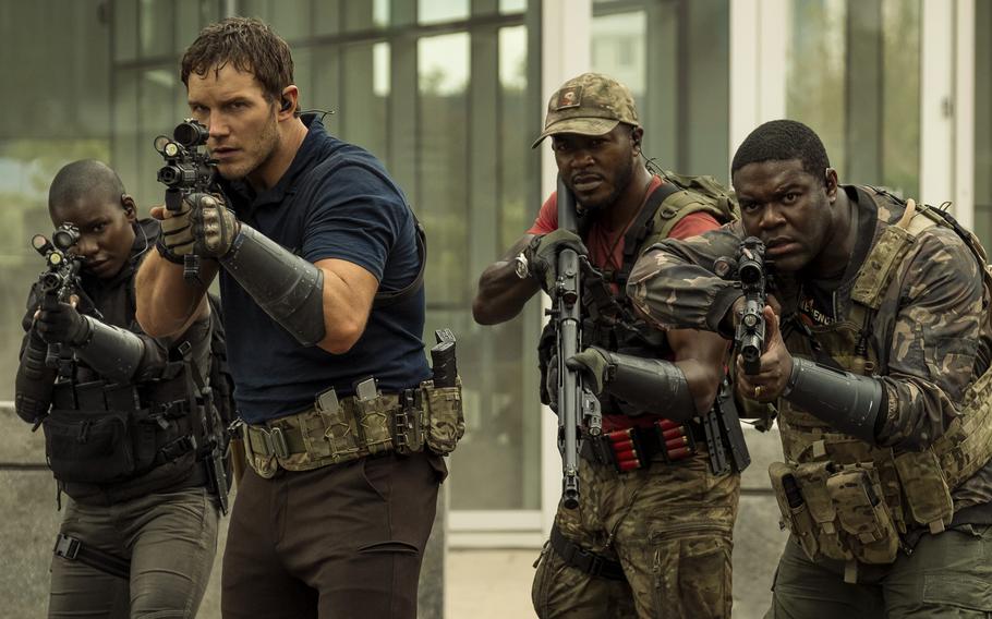 Chris Pratt, Edwin Hodge and Sam Richardson star in “The Tomorrow War.”