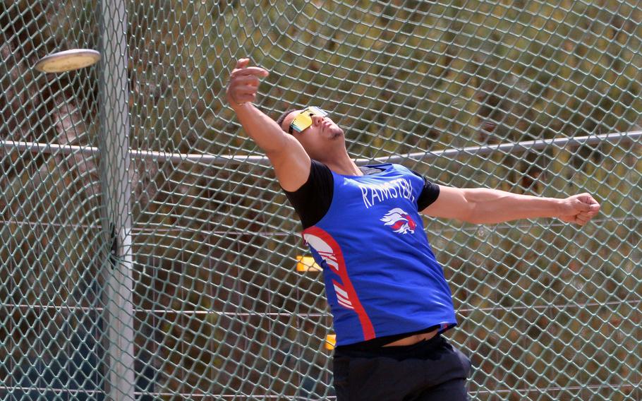 Ramstein’s Javier Harrington tossed the discus 141 feet, 10 inches, to win the boys competition at the 2025 DODEA-Europe track and field finals in Kaiserslautern, Germany, May 23, 2025.