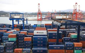 Shipping containers stacked at the Port of Keelung in Keelung, Taiwan, on Nov. 24, 2021. 