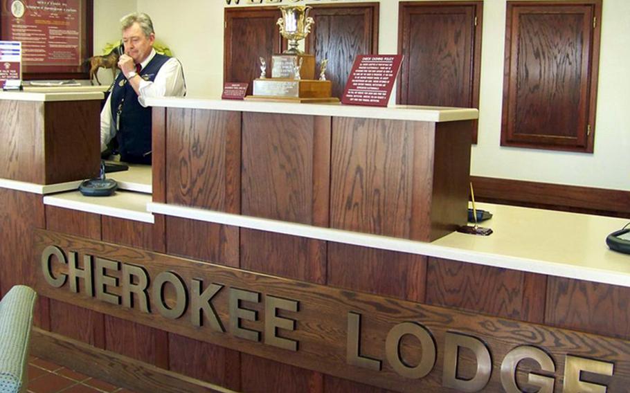 The reception desk at the Cherokee Lodge at Vance Air Force Base, Okla. The Air Force soon will close nine lodges at bases in the United States, including this one.