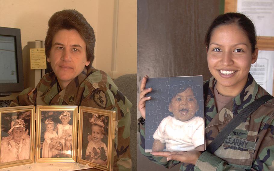 Staff Sgt. Tereasa Menke, left, is a long way from her two daughters and her two stepchildren. She’s in Bosnia and Herzegovina on this Mother’s Day, and the children are in Hawaii. At right is Sgt. Michelle Flores, who writes letters often to her son, Emilio. 