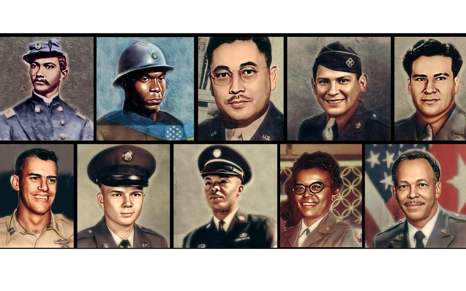 A congressional commission presented ten soldiers as finalists to rename Fort Gordon. Top: Alexander Augusta, Freddie Stowers, John Aiso, Charles Chibitty, Jose Lopez. Bottom: Humbert Versace, Milton Lee, William Bryant, Mildred Kelly, Emmett Paige Jr. 