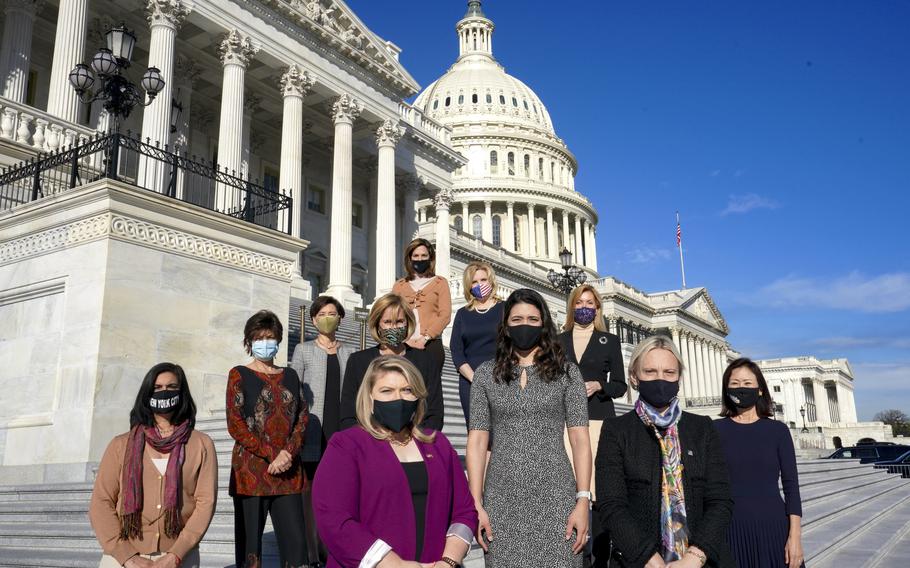 Incoming GOP congresswomen outside the U.S. Capitol on Dec. 3, 2020. From left, front line: Reps. Nicole Malliotakis, R-N.Y., Yvette Herrell, R-N.M., Kat Cammack, R-Fla., Stephanie Bice, R-Okla., Victoria Spartz, R-Ind., and Michelle Park Steel, R-Calif. Rear row: Young Kim, R-Calif., Claudia Tenney, R-N.Y., Maria Elvira Salazar, R-Fla., Ashley Hinson, R-Iowa, and Beth Van Duyne, R-Texas. 