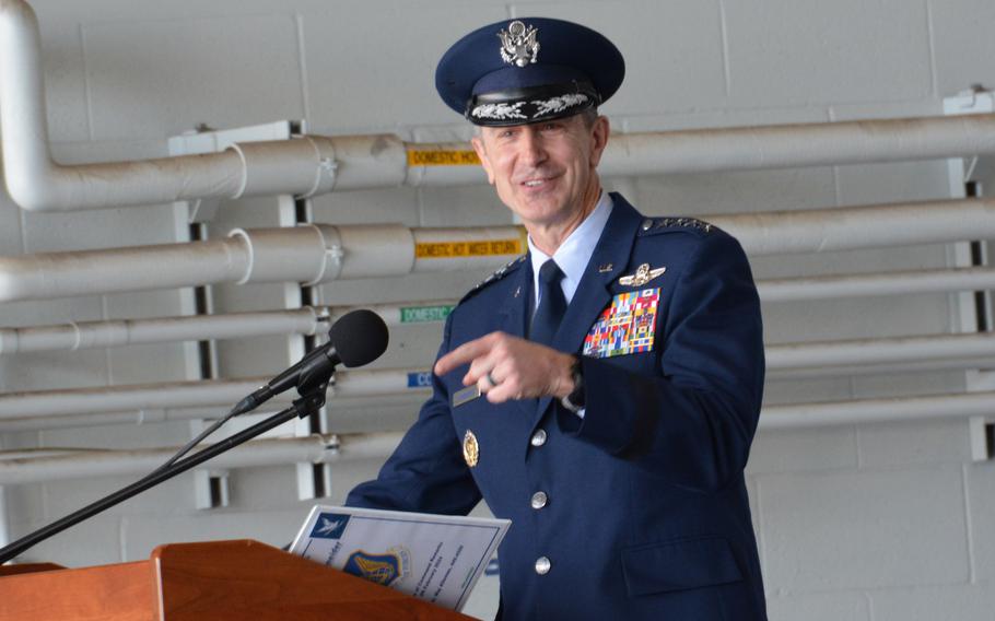 Gen. Kevin Schneider addresses the audience during ceremony at Joint Base Pearl Harbor-Hickam on Feb. 9, 2024, in which he assumed command of Pacific Air Forces.
