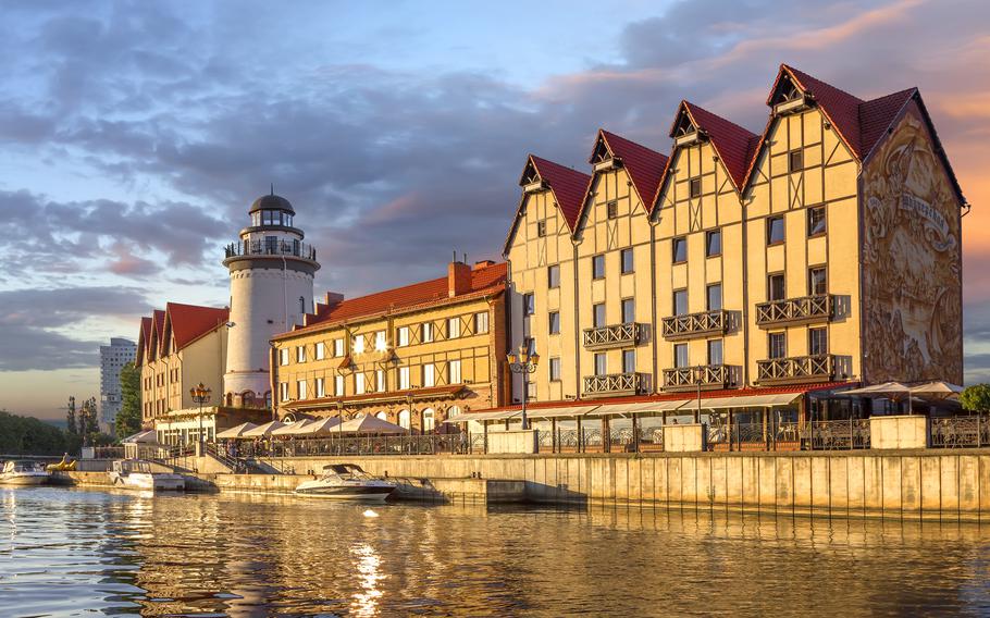 Fishing village on a sunset background in Kaliningrad, Russia.