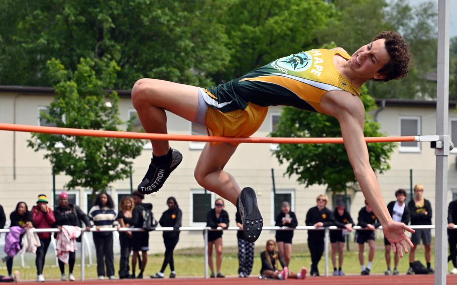 SHAPE’s Samson Tryon won the high jump competition at the DODEA-Europe track and field championships in Kaiserslautern, Germany, May 20, 2023. Tryon was the only competitor who cleared 6-01 in the event, making it on his third try.