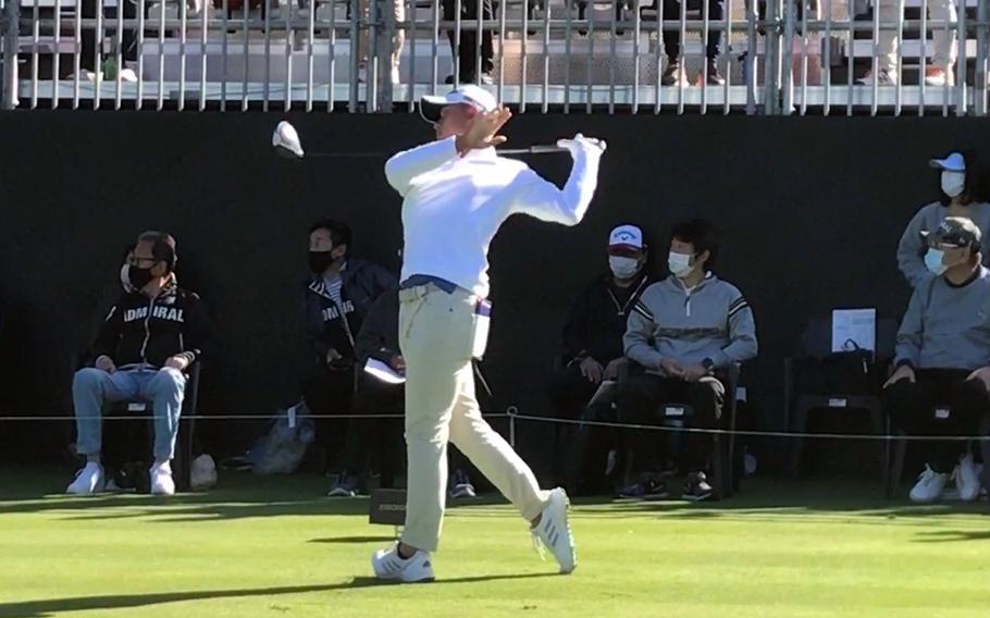 The Open champion Collin Morikawa tees off at the Zozo Championship at Narashino Country Club in Chiba prefecture, Japan, Thursday, Oct. 21, 2021. 