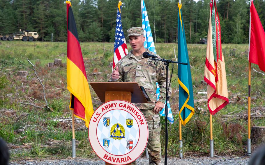 Brig. Gen. Steven Carpenter, head of 7th Army Training Command, speaks at the groundbreaking ceremony for the Operational Readiness Training Complex in Grafenwoehr, Germany, on Aug. 4, 2023.