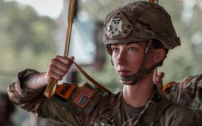 An Army paratrooper prepares for an airborne operation at Fort Bragg, N.C., May 14, 2025. During a visit to the base Thursday, Defense Secretary Pete Hegseth announced that Army paratroopers and jumpmasters will see an increase in hazardous duty incentive pay.