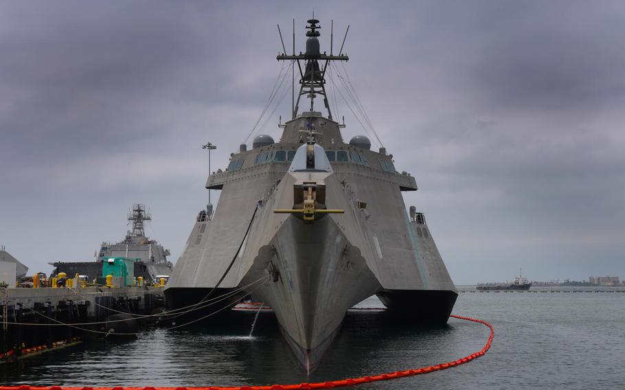 The USS Jackson (LCS 6) on Friday, May 12, 2023 in San Diego, Calif., sits tied up pier side at Naval Base San Diego.