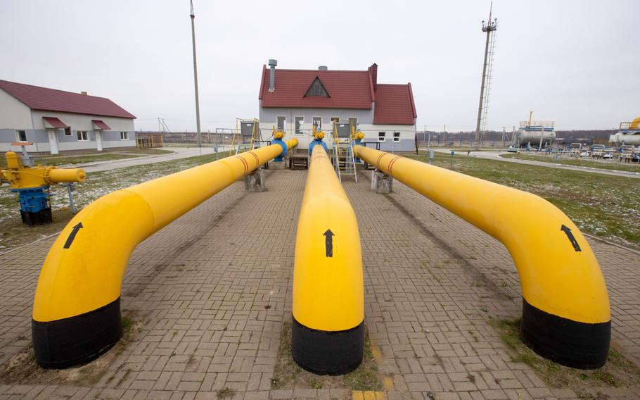 Pipework showing flow direction at the Kasimovskoye underground gas storage facility, operated by Gazprom, in Kasimov, Russia, on Nov. 17, 2021. 