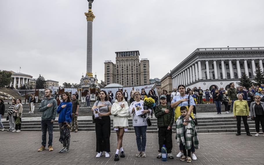 Ukrainians gather in Maidan Square in Kyiv to observe the Day of the Defenders holiday on Oct. 1, 2023.