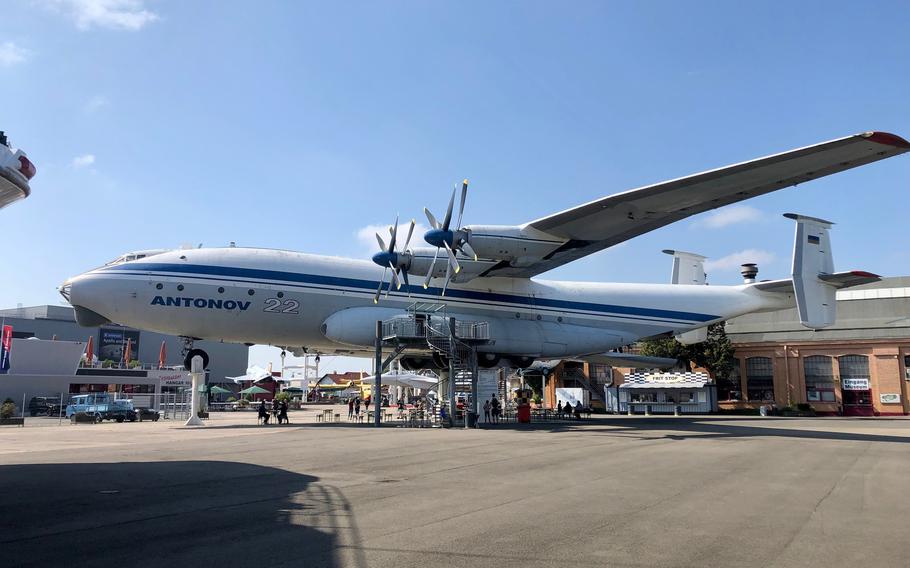 Another plane on poles at the Technik Museum Speyer is the Soviet Antonov An-22, the worlds largest turboprop transport. Visitors can explore the expansive cargo hold of the plane, which was rarely seen in the West during its operational career.