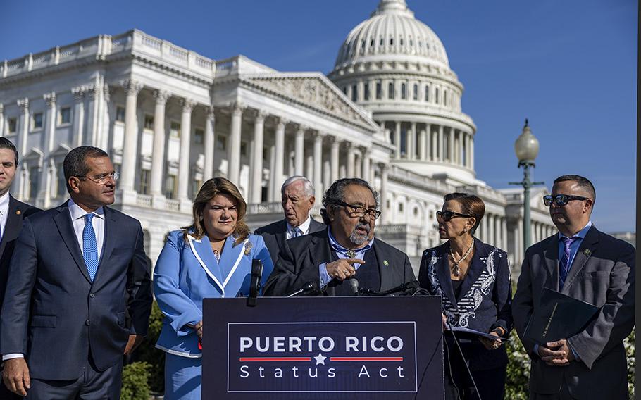 Rep. Raul Grijalva, D-Ariz., speaks at a news conference at the U.S. Capitol on Thursday, April 20, 2023, in Washington, D.C. 