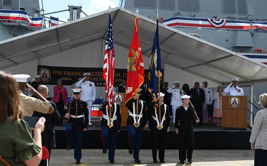 The color guard presents the colors during the commissioning of the USS Frank E. Petersen Jr. in Charleston, S.C., May 14, 2022.