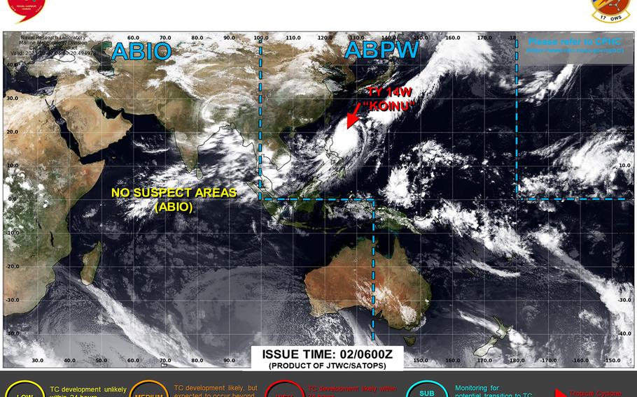 Koinu downgraded to a Category 2-equivalent typhoon; closest point of approach to Okinawa has come and gone.