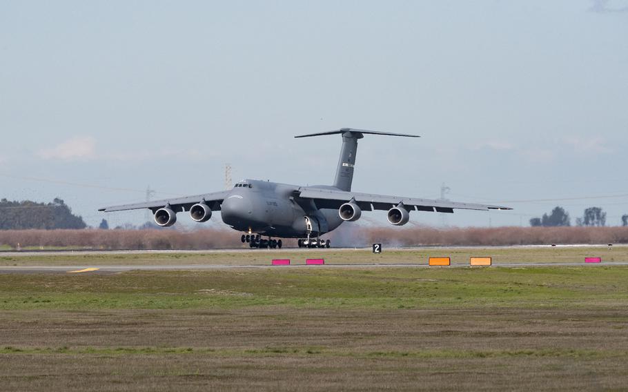 A U.S. Air Force C-5M Super Galaxy trains at Travis Air Force Base, Calif., Feb. 10, 2023.